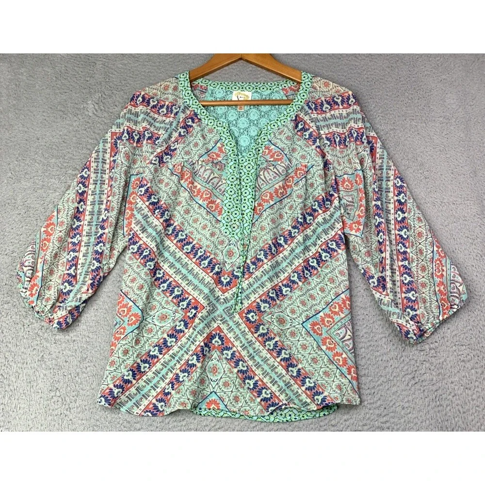 Anthropologie Fig and Flower Blouse Womens Size Medium Teal Multicolor Sheer - Picture 2 of 12